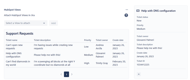 A HubSpot View with HubSpot tickets
